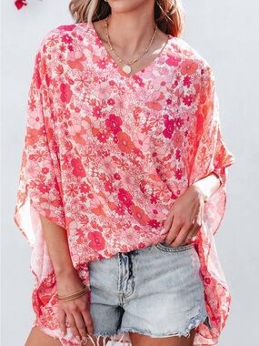 Floral Boho Floral V Neck Kimono Style Blouse Oversized Medium